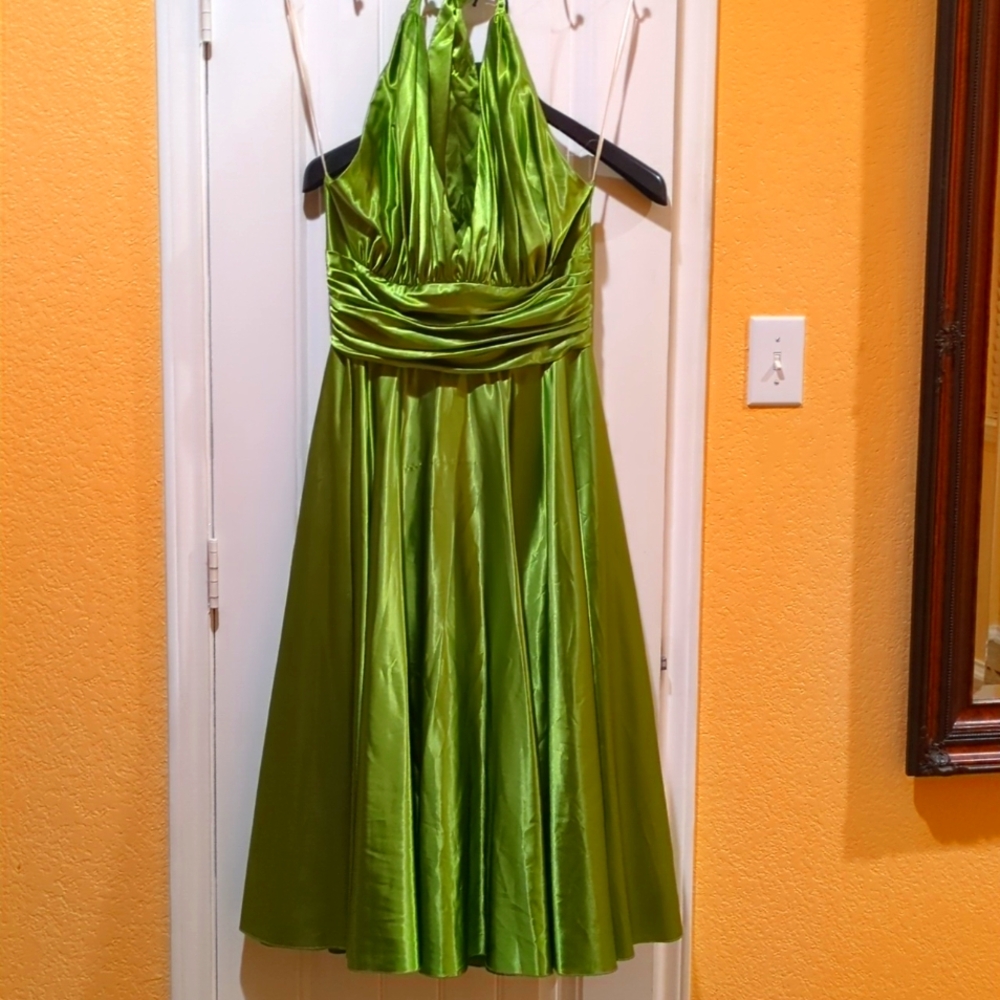 Elegant Olive green Satin dress Size L